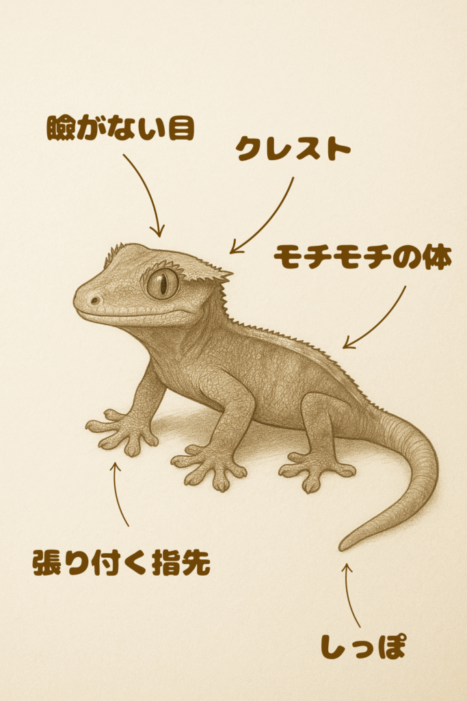 クレステッドゲッコーの特徴を図解したイラスト。瞼がない目、クレスト、モチモチの体、張り付く指先、しっぽなどをラベル付きで紹介。